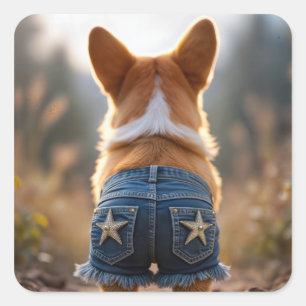 Corgi Hund tragen Blue Frayed Denim Shorts Quadratischer Aufkleber
