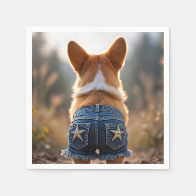 Corgi Hund tragen Blue Frayed Denim Shorts Serviette (Vorderseite)