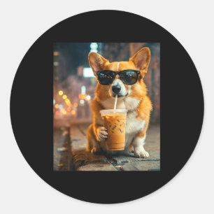 Corgi-Hund trinkt eisgekühlten Kaffee lustiges Tie Runder Aufkleber
