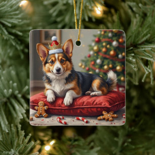 Corgi-Hund-Weihnachtslaib mit Santa-Krone Kunst Keramikornament