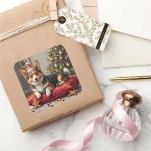 Corgi-Hund-Weihnachtslaib mit Santa-Krone Kunst Quadratischer Aufkleber