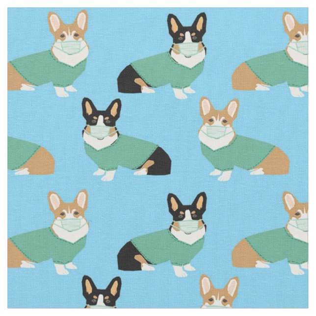 Corgi-Hunde in den Schuhen hblau Stoff (Nahaufnahme)