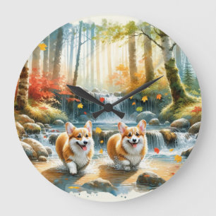 Corgi Hunde in einem Waldlauf mit Herbstfarben Große Wanduhr