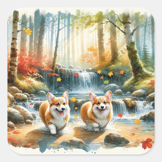Corgi Hunde in einem Waldlauf mit Herbstfarben Quadratischer Aufkleber (Vorderseite)