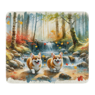 Corgi-Hunde in einem Waldstrom mit Herbstfarben Schneidebrett