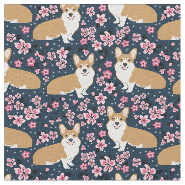 Corgi-Hunde Kirschblüten Stoff (Nahaufnahme)
