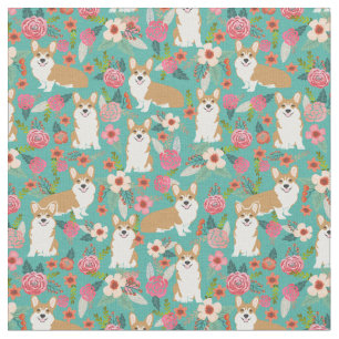 Corgi Hunde Vintagen Blumenarten Türkis Stoff