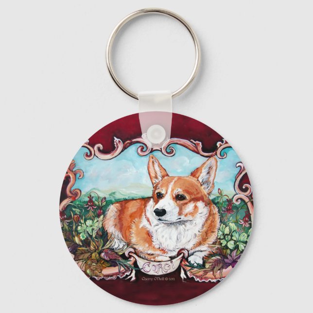 Corgi im Garten! Schlüsselanhänger (Vorderseite)