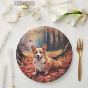 Corgi im Herbst inspiriert durch fallende Blätter Pappteller