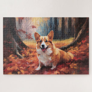 Corgi im Herbst inspiriert durch fallende Blätter Puzzle