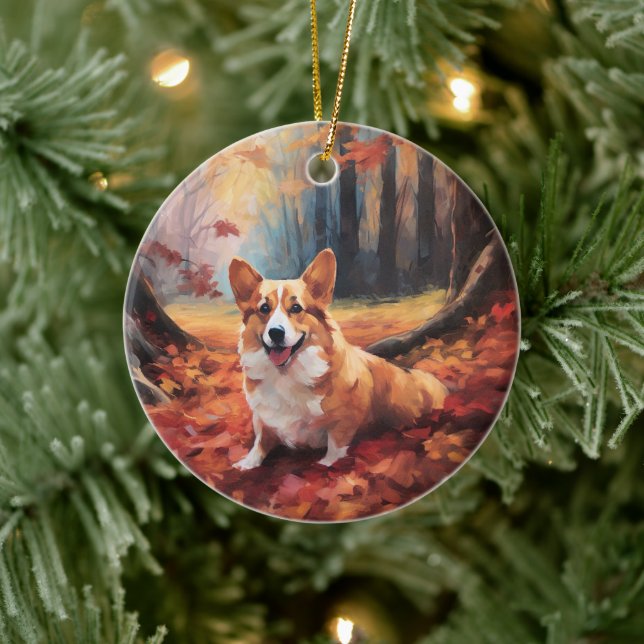 Corgi im Herbst Leaves Fall Inspiriert Keramik Ornament (Baum)