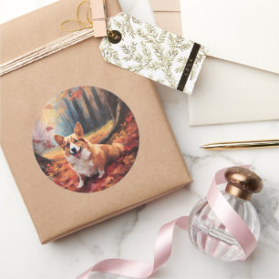 Corgi im Herbst Leaves Fall Inspiriert Runder Aufkleber