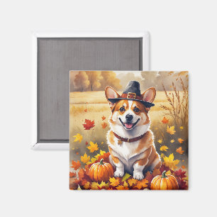 Corgi im Herbstlaub Erntedank Kunst Magnet