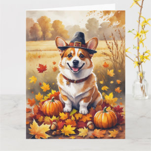 Corgi im Herbstlaub Thanksgiving Kunst Karte