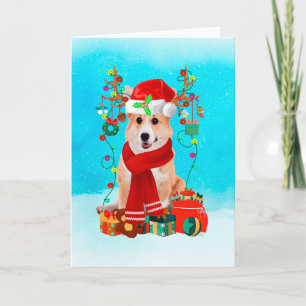 Corgi im Schnee mit Weihnachtsgeschenken Karte