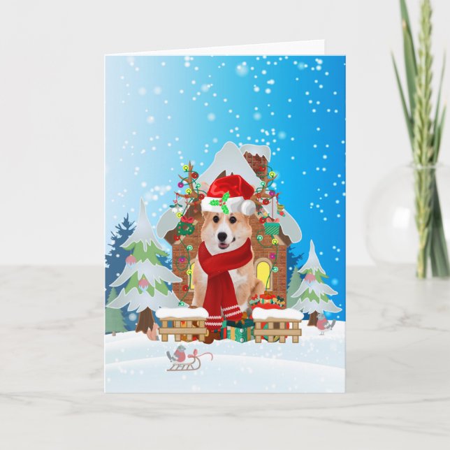 Corgi im Schnee mit Weihnachtsgeschenken Karte (Vorderseite)