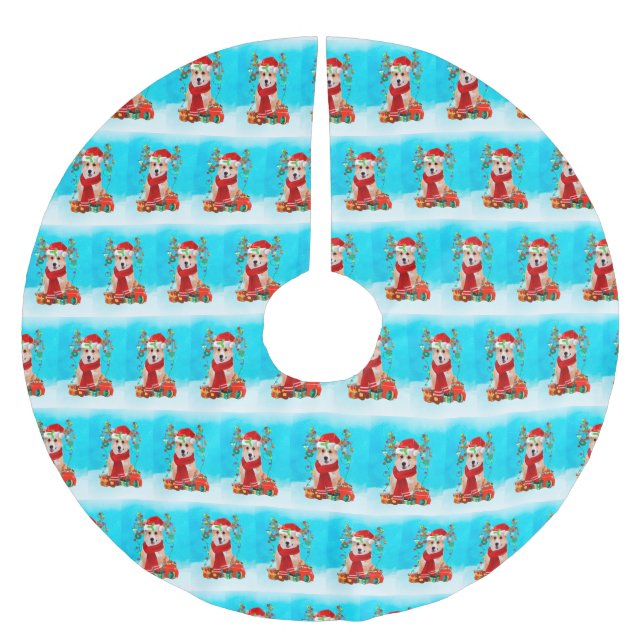 Corgi im Schnee mit Weihnachtsgeschenken Polyester Weihnachtsbaumdecke (Vorderseite)