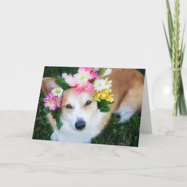 Corgi in Blume Garland Blankokarte Karte (Vorderseite)