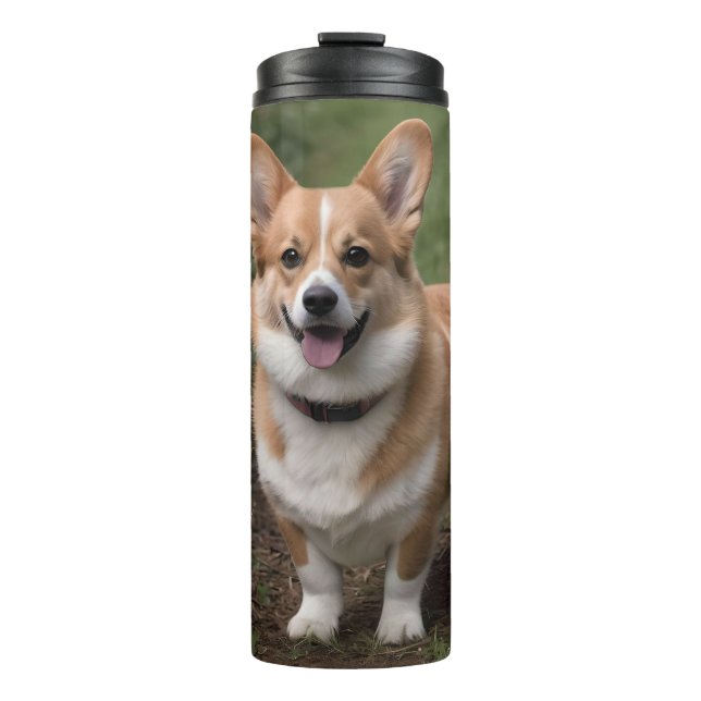 Corgi in den rosa Rosen, Thermosbecher (Vorderseite)