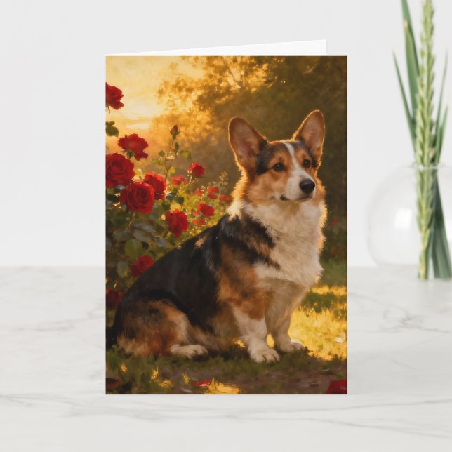 Corgi in den Rosen I Blank Karte (Vorderseite)
