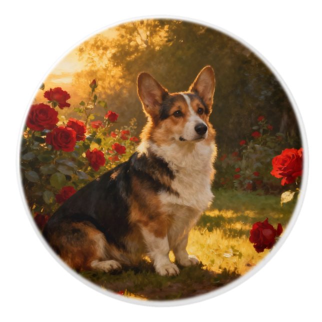 Corgi in den Rosen I Keramikknauf (Vorderseite)