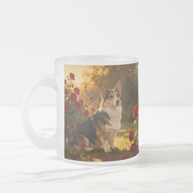Corgi in den Rosen I Mattglastasse (Links)