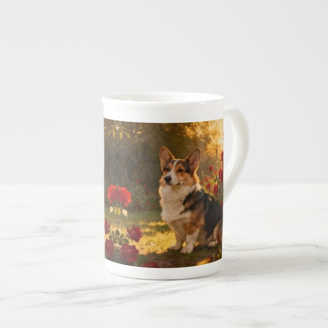 Corgi in den Rosen I Prozellantasse (Vorderseite Rechts)