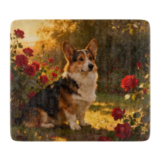 Corgi in den Rosen I Schneidebrett (Vorderseite)
