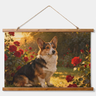 Corgi in den Rosen I Wandteppich Mit Holzrahmen