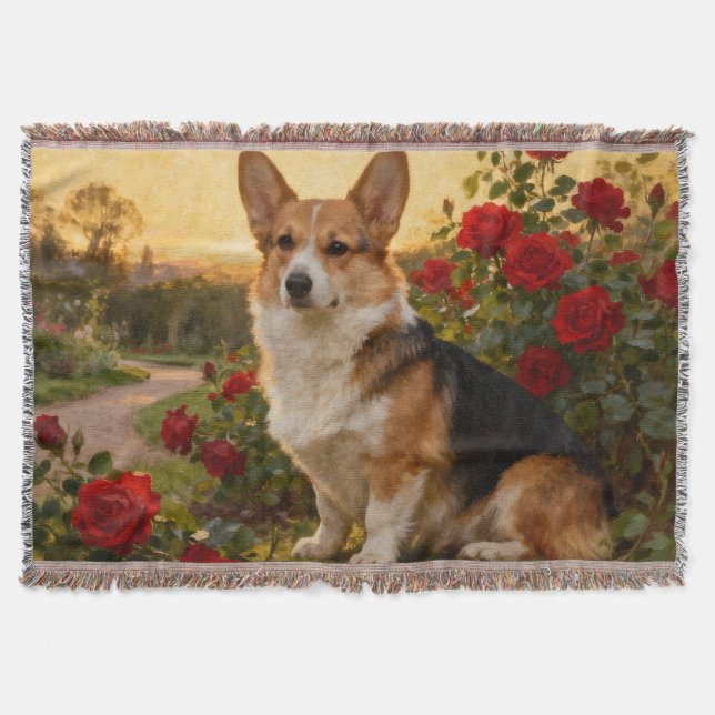 Corgi in den Rosen II Wurfdecke Decke (Vorderseite)