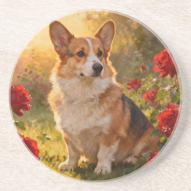 Corgi in den Rosen III Getränkeuntersetzer (Vorne)