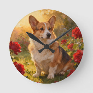 Corgi in den Rosen III Runde Wanduhr