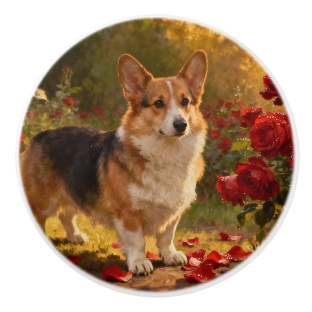 Corgi in den Rosen V Keramikknauf (Vorderseite)