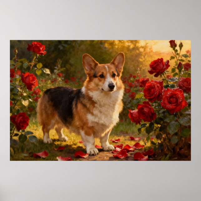 Corgi in den Rosen V Poster (Vorne)