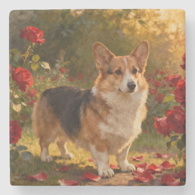 Corgi in den Rosen V Steinuntersetzer (Vorderseite)
