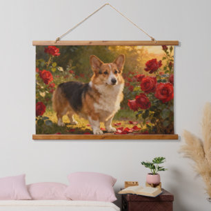 Corgi in den Rosen V Wandteppich Mit Holzrahmen