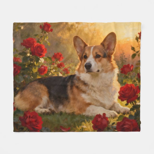 Corgi in den Rosen VI Fleecedecke (Vorderseite (Horizontal))