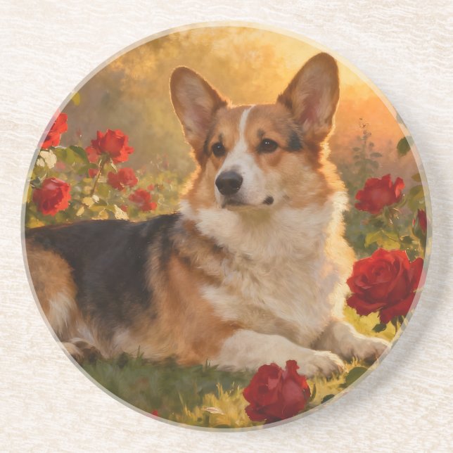 Corgi in den Rosen VI Getränkeuntersetzer (Vorne)