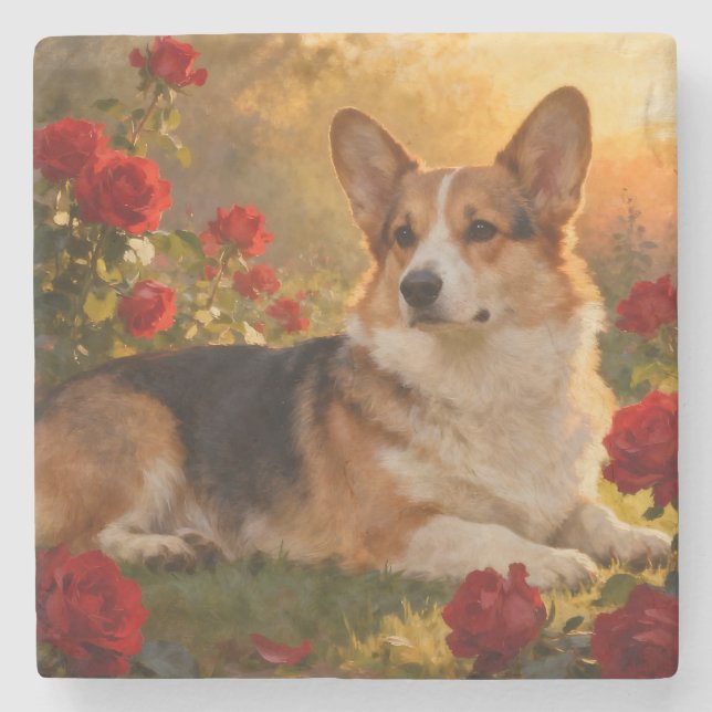 Corgi in den Rosen VI Steinuntersetzer (Vorderseite)