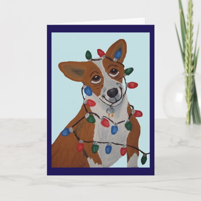Corgi in Weihnachtslichtern verheddert Karte (Vorderseite)