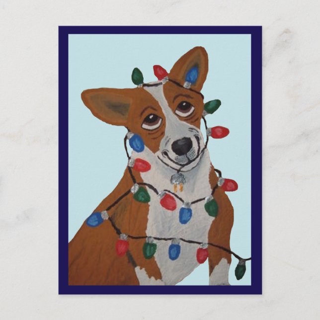 Corgi in Weihnachtslichtern verheddert Postkarte (Vorderseite)