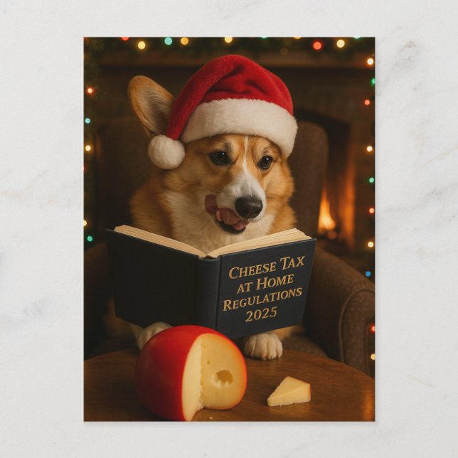 Corgi 'Käse-Steuer' Weihnachtskarte Postkarte (Vorderseite)