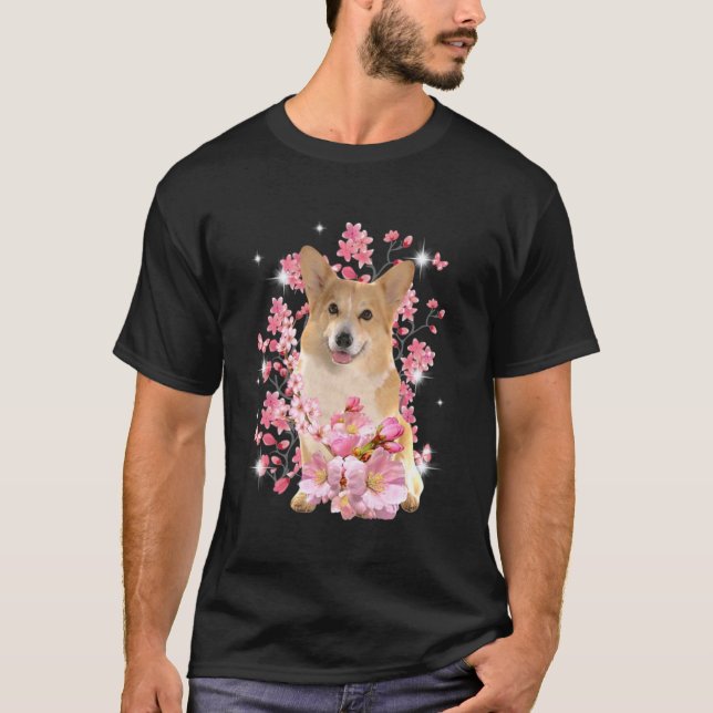 Corgi Kirschblüten Blumen T-Shirt (Vorderseite)