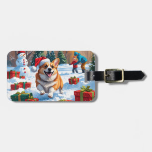 Corgi läuft im Schnee mit Weihnachtshut Gepäckanhänger