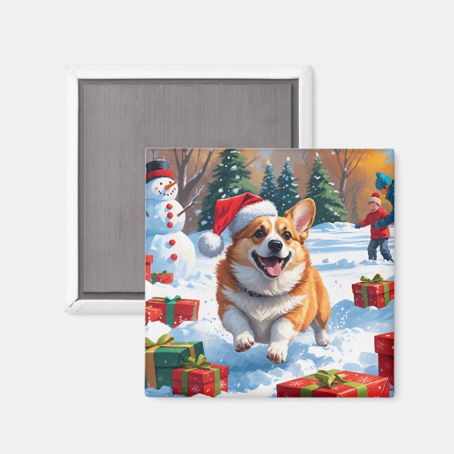 Corgi läuft im Schnee mit Weihnachtshut Magnet (Vorderseite/Rückseite)