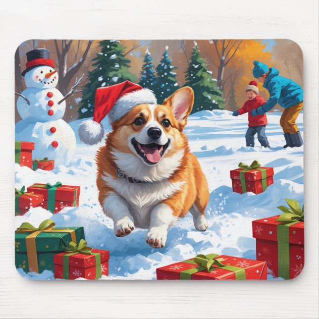 Corgi läuft im Schnee mit Weihnachtshut Mousepad (Vorne)