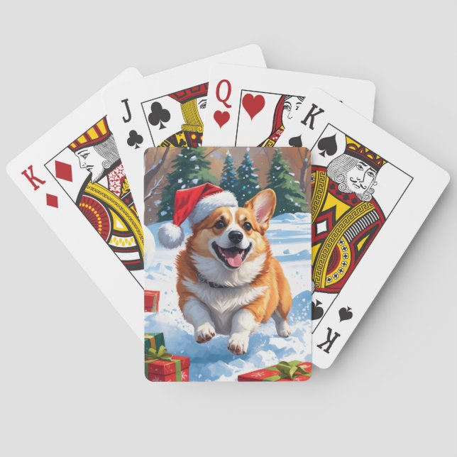Corgi läuft im Schnee mit Weihnachtshut Spielkarten (Rückseite)