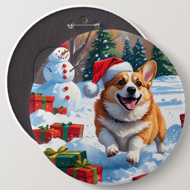 Corgi läuft im Schnee mit Weihnachtsmütze Button (Vorne & Hinten)