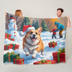 Corgi läuft im Schnee mit Weihnachtsmütze Fleecedecke
