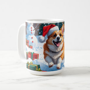 Corgi läuft im Schnee mit Weihnachtsmütze Kaffeetasse